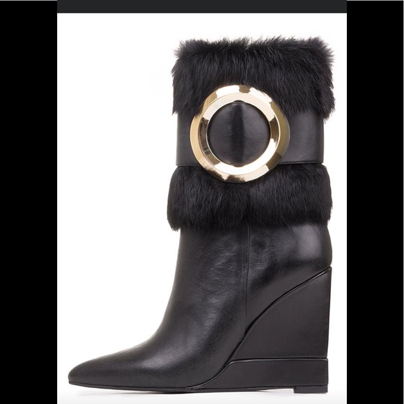 Beautiful black leather and fur wedge heel - Picture 2 of 2